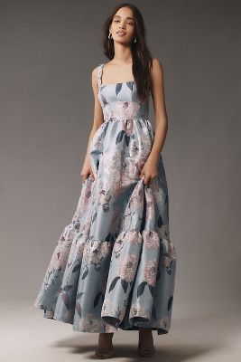 Mac Duggal Square-Neck Floral Printed Satin Maxi Dress