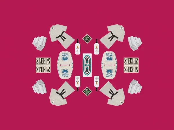 Animated gif presenting Ace Hotel Shop merchandise in a kaleidoscopic manner on a bright background.