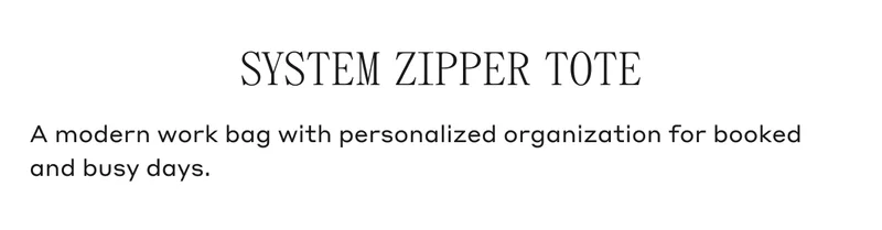 SYSTEM ZIPPER TOTE A modern work bag with personalized organization for booked and busy days.