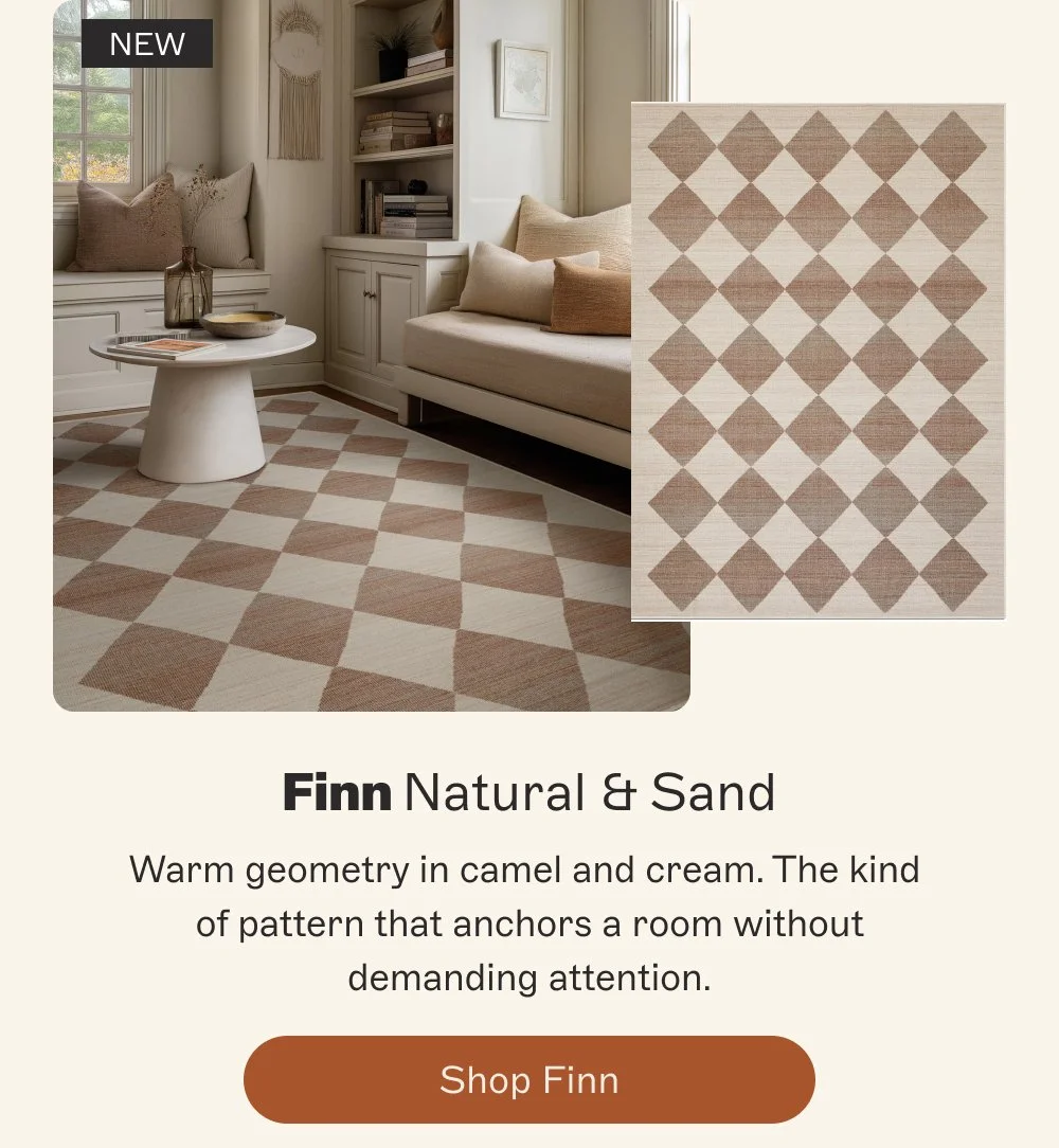 NEW Finn Natural & Sand Warm geometry in camel and cream. The kind of pattern that anchors a room without demanding attention. Shop Finn
