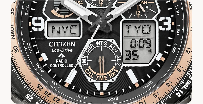 A close-up shot featuring the must-have chronograph features equipped with Sakura pink-tone accents and the watch’s technology-heavy display.
