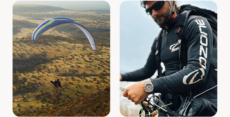 Our Promaster Team Air ambassador Jeff Shapiro, wearing the limited edition Promaster Skyhawk A-T during one of his most daring adventures—paragliding the heights of the sky.