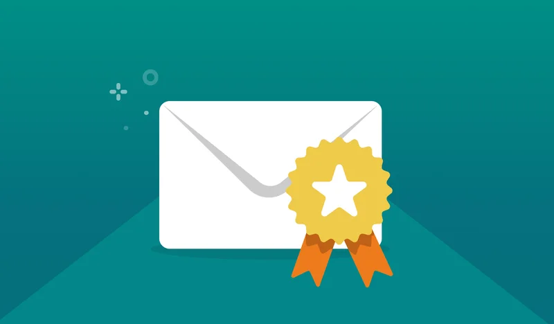 An email envelope with a gold star badge on it