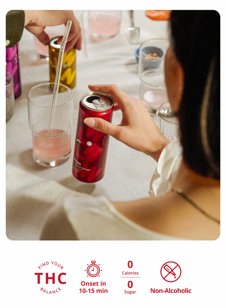 A photo of friends around a table with cans of Wynk Cran-Blood Orange and Juicy Mango.