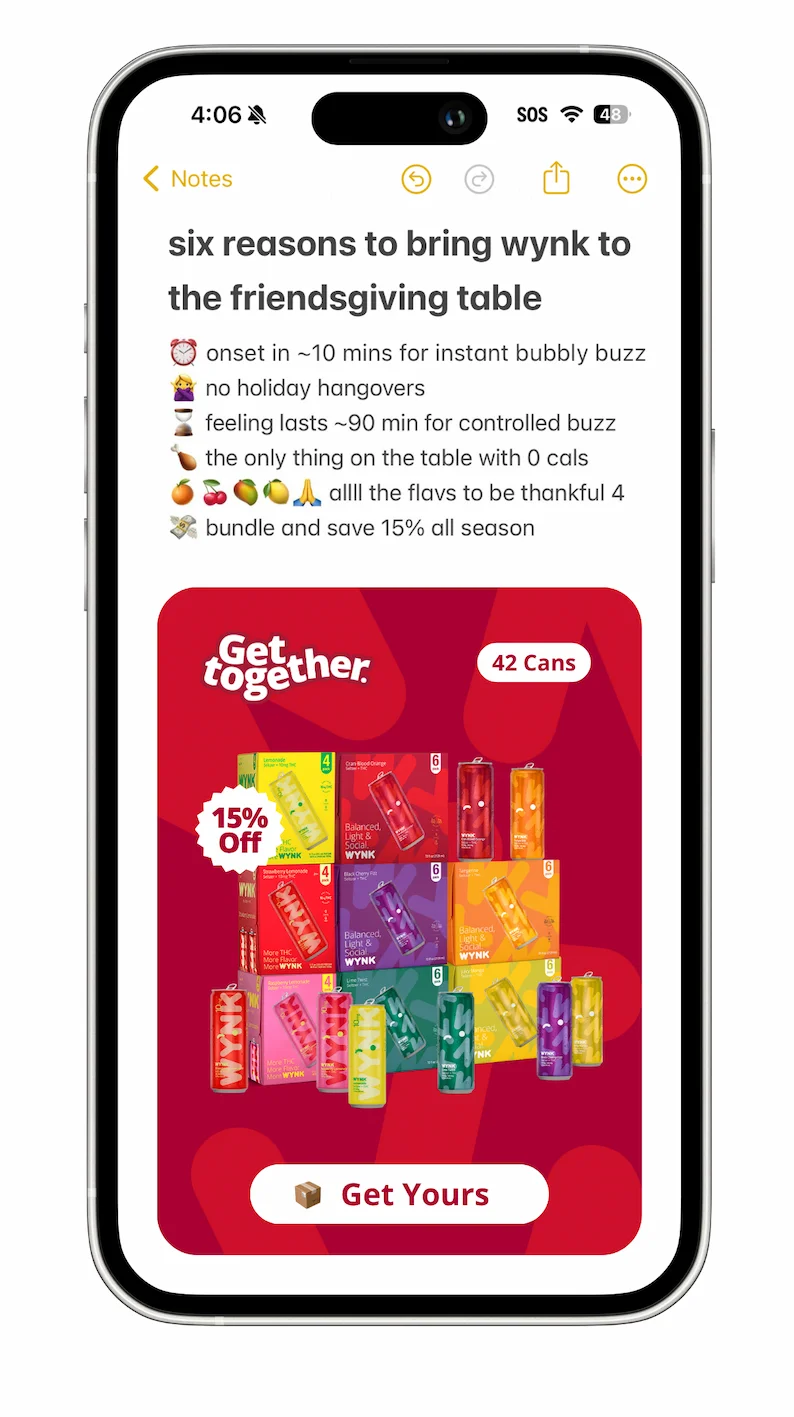 (an image of an iphone with the notes app open to a page listing why Wynk is perfect for friendsgiving)