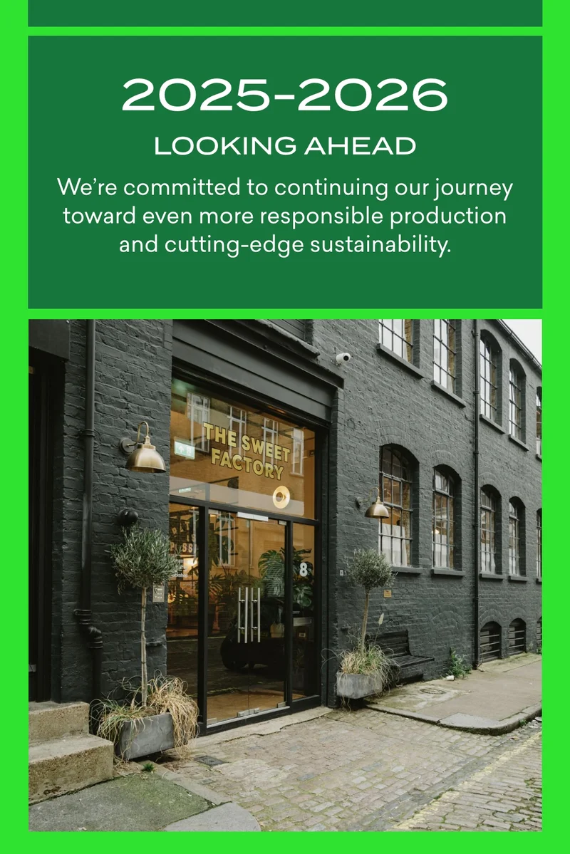 2025-2026: Looking Ahead  We’re committed to continuing our journey toward even more responsible production and cutting-edge sustainability.  We’re just getting started, and we’re thrilled to have you along for the ride. Together, we’re making sweets better for the planet and people.