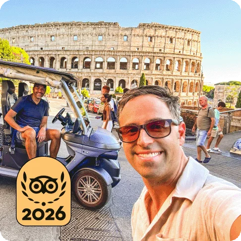 Image Description: Two people smiling in front of the colosseum. One person is in a golf cart. A gold 2026 Travelers’ Choice Best of the Best badge is on the image.