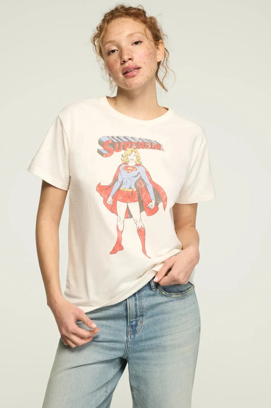 Image of Lucky Brand Supergirl Boyfriend Tee - Women's Clothing Tops Shirts Tee Graphic T Shirts in Cream