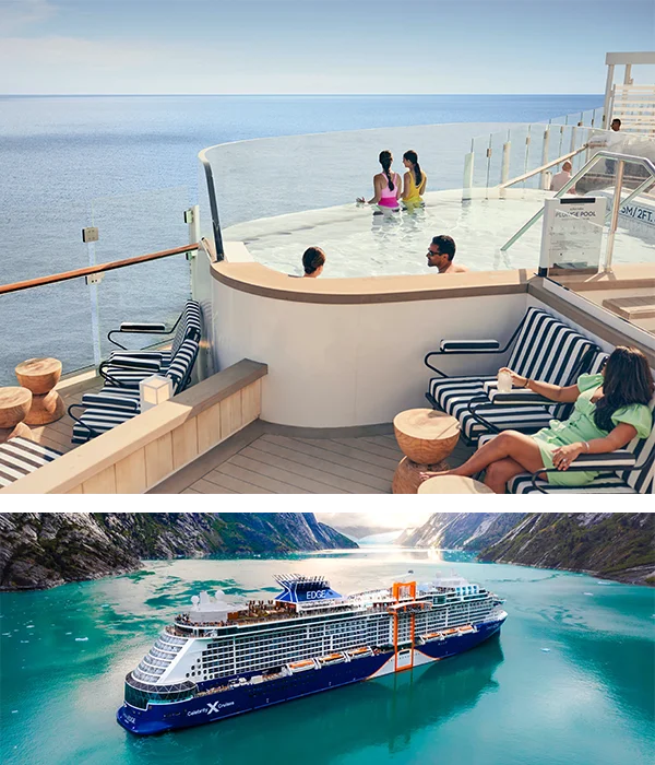 Split image: Top image shows people in hot top on cruise ship deck looking out to the water. Bottom image shows a 3/4 view of a Celebrity Cruise ship.