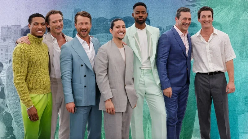 Image may contain: Glen Powell, Kai Kazmirek, Ed Helms, Curtis Martin, Miles Teller, Groupshot, Person, Accessories, and Belt