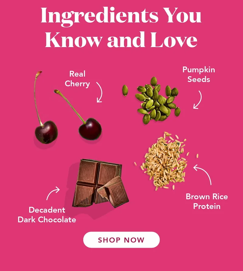 Made with real cherries, pumpkin seeds, brown rice protein, and decadent dark chocolate