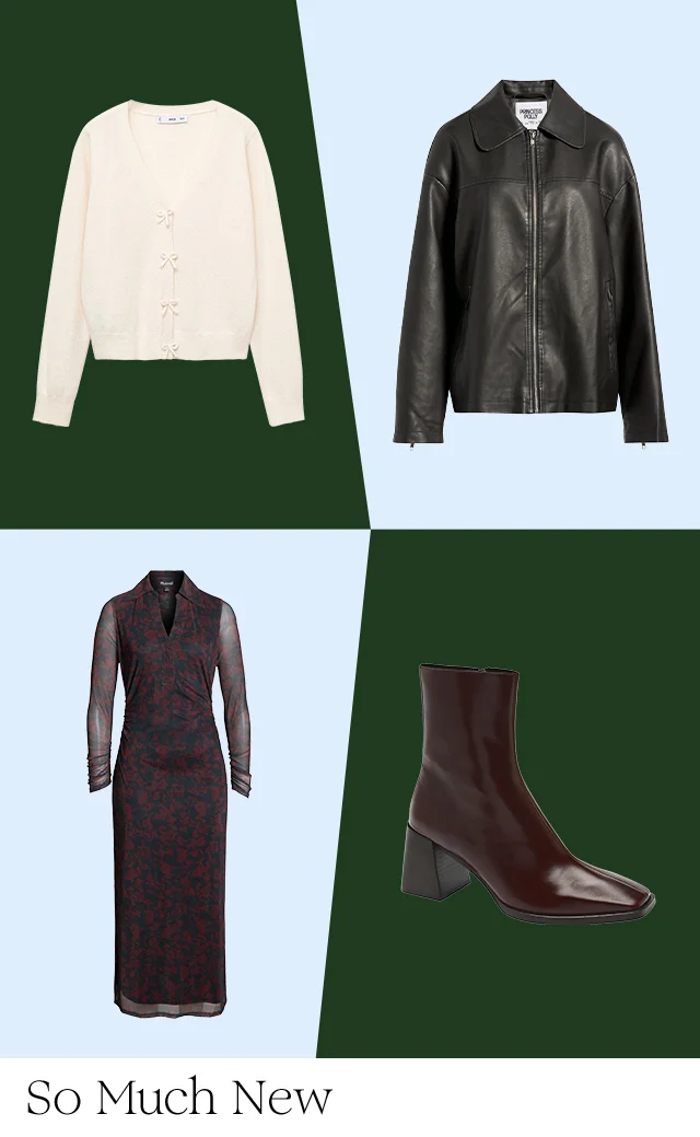 A cardigan, faux leather jacket, midi dress and booties.
