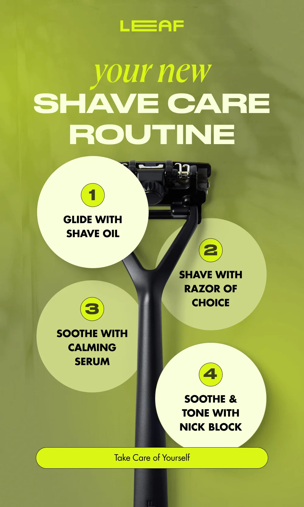 Your New Shave Care Routine  Glide with Shave Oil Shave with razor of choice Soothe with Calming Serum Heal with Nick Block  [ Take Care of Yourself ]