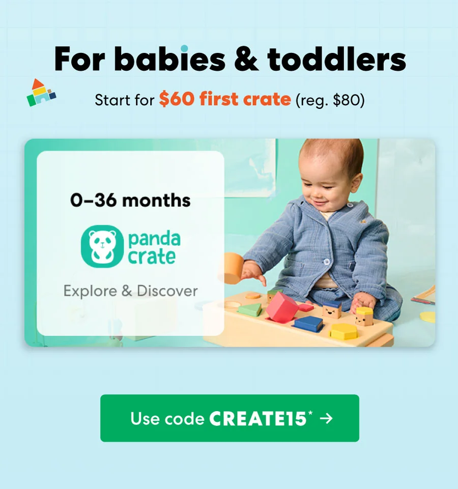 Baby playing with a KiwiCo Panda Crate toy. Designed for ages 0–36 months to explore and discover.