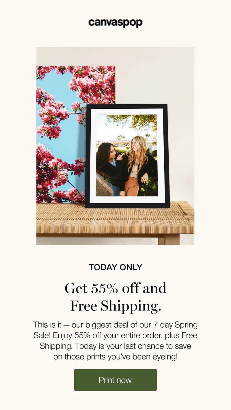 Today only. Get 55% off and Free Shipping. This is it — our biggest deal of our 7 Day Spring Sale! Enjoy 55% off your entire order, plus Free Shipping. Today is your last chance to save on those prints you've been eyeing!