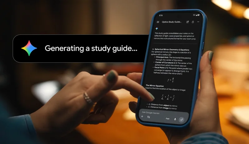 Hands holding a smartphone generating an AI optics study guide with physics formulas.