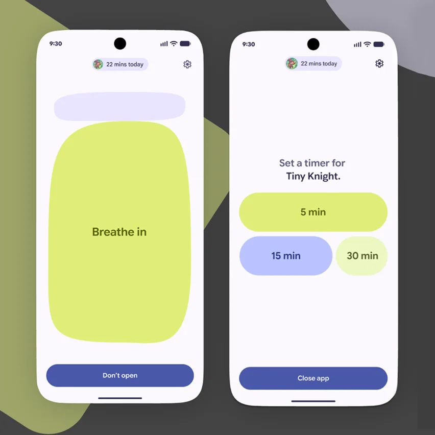 Side-by-side screenshots of a 'Breathe in' exercise and a 'Tiny Knight' timer selection menu.