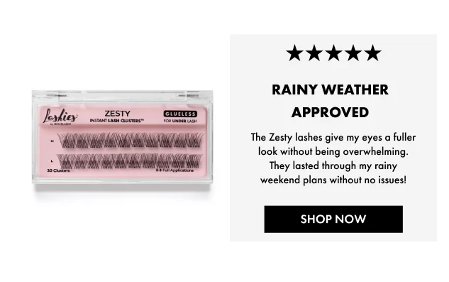 The&nbsp;Zesty&nbsp;lashes give my eyes a fuller look without being overwhelming. They lasted through my rainy weekend plans without no issues!