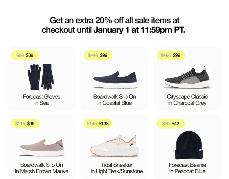 Get an extra 20% off all sale items at checkout until January 1 at 11:59pm PT. Product grid of on-sale styles.