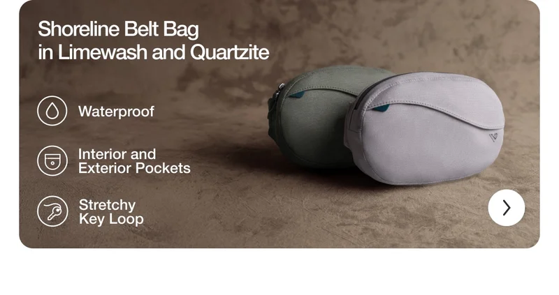 Shoreline Belt Bag in Limewash and Quartzite. Waterproof. Interior and Exterior Pockets. Stretchy Key Loop.