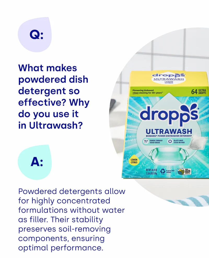 Q1: What makes powdered dish detergent so effective? Why do you use it in Ultrawash?  A. Powdered detergents allow for highly concentrated formulations without water as filler. Their stability preserves soil-removing components, ensuring optimal performance.