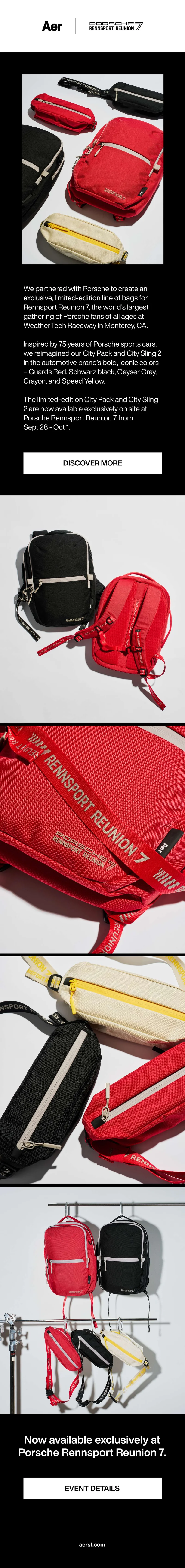 Product imagery of the Aer | Porsche Rennsport Reunion 7 Collection.