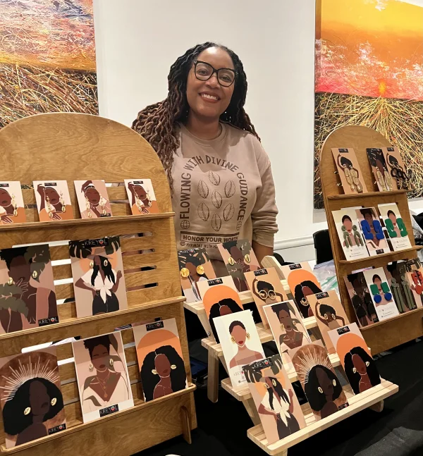 A person standing with products at the Brooklyn Museum