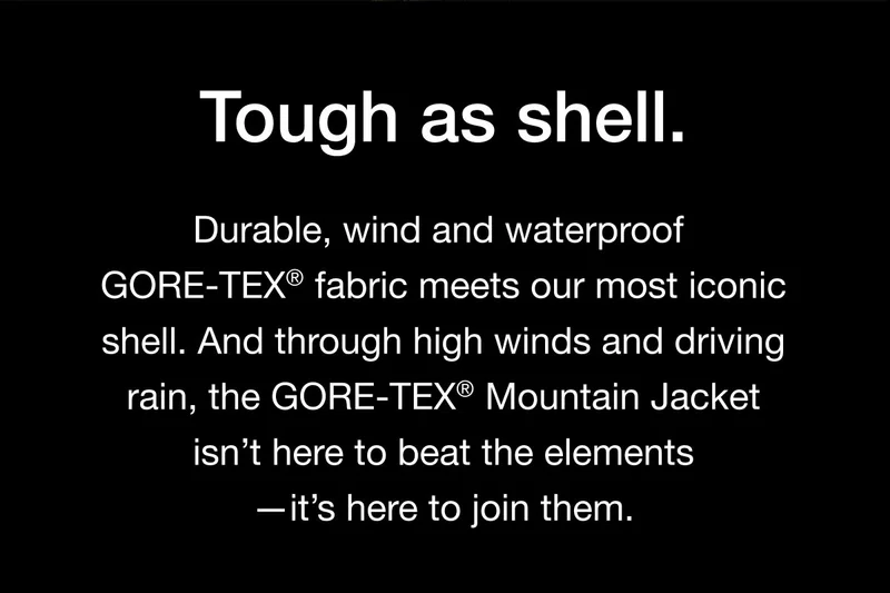 Durable, wind and waterproof GORE-TEX® fabric meets our most iconic shell. And through high winds and driving rain, the GORE-TEX® Mountain Jacket isn't here to beat the elements — it's here to join them.