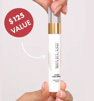Image of MoxieLash serum with text: The Secret to Stunning Lashes & Brows, $125 value