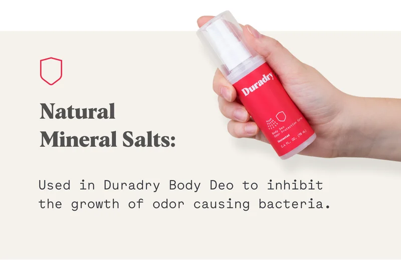Natural Mineral Salts: Used in Duradry Body Deo to inhibit the growth of odor causing bacteria.