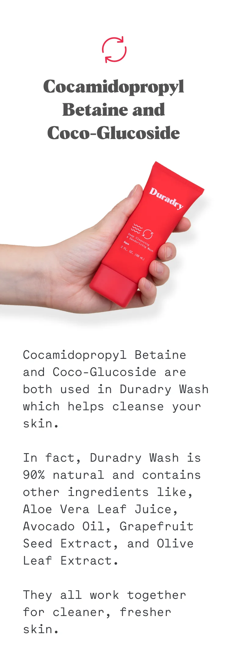 Cocamidopropyl Betaine and Coco-Glucoside are both used in Duradry Wash which helps cleanse your skin. In fact, Duradry Wash is 90% natural and contains other ingredients like, Aloe Vera Leaf Juice, Avocado Oil, Grapefruit Seed Extract, and Olive Leaf Extract. They all work together for cleaner, fresher skin.