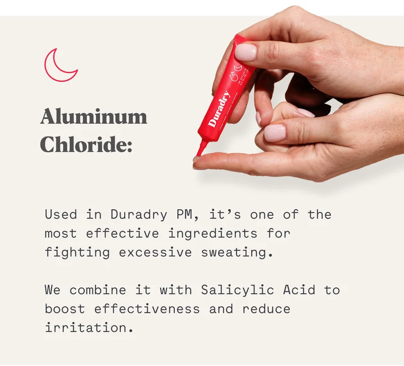 Aluminum Chloride: Used in Duradry PM, it’s one of the most effective ingredients for fighting excessive sweating.  We combine it with Salicylic Acid to boost effectiveness and reduce irritation.