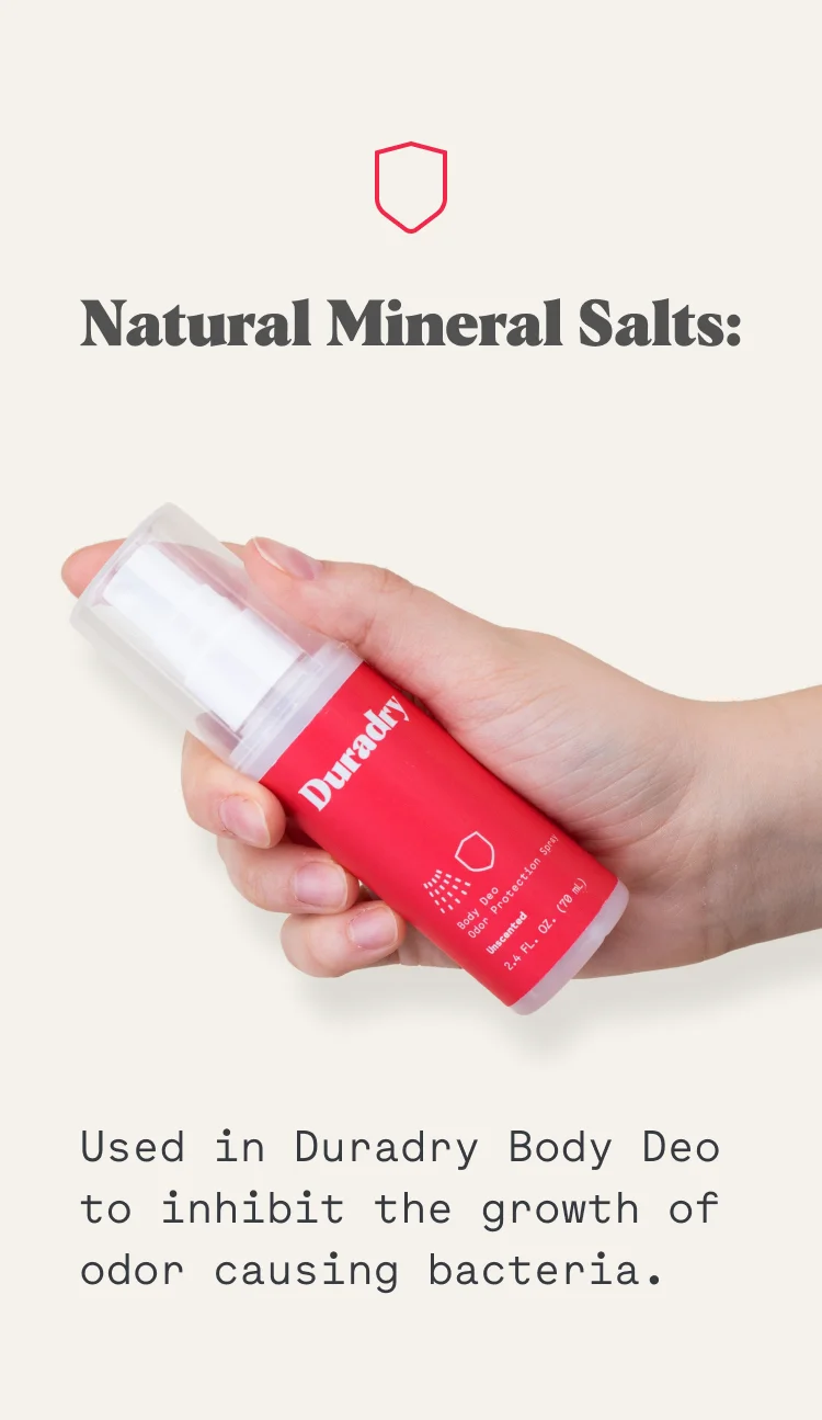 Natural Mineral Salts: Used in Duradry Body Deo to inhibit the growth of odor causing bacteria.