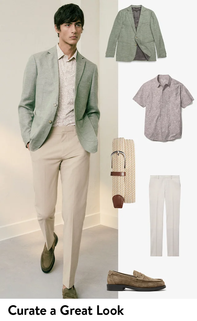 A man wearing a green blazer, print shirt, tan trousers and green loafers. Images of similar men’s styles.