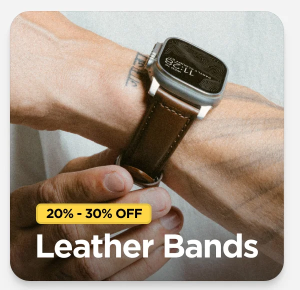 Get 20% to 30% off leather Apple Watch Bands. Featuring Rustic Brown Traditional Band with Silver Hardware and Natural Apple Watch Ultra.