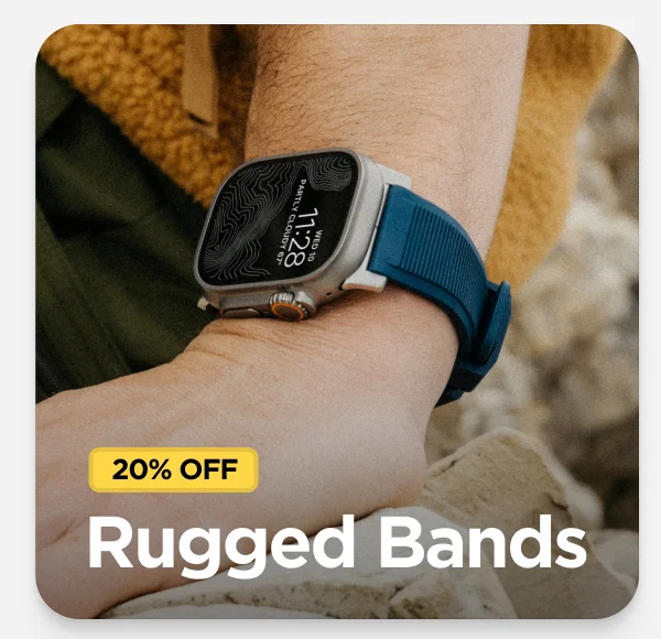 20% off Rugged Bands. Featuring Atlantic Blue Rugged Band with Natural Hardware with Natural Apple Watch Ultra