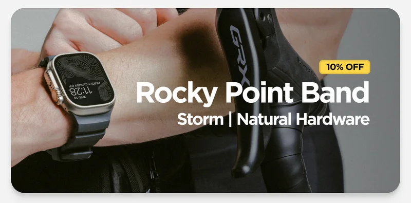 Get 10% off Rocky Point Bands. Featuring Storm Rocky Point Band and Natural Apple Watch Ultra