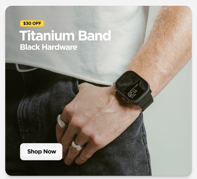 Get $30 off Titanium Band Black Hardware. Featuring a Black Apple Watch Ultra. Shop Now