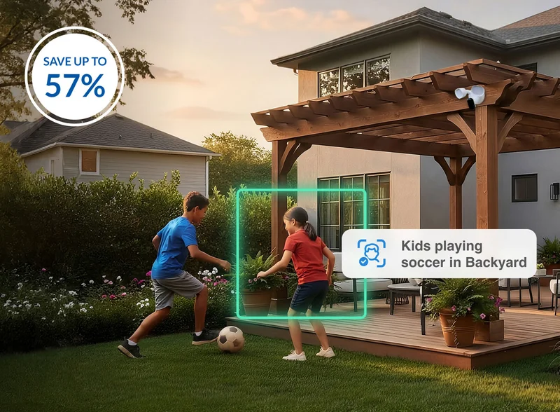 Save up to 57%. Wired Floodlight Camera mounted on outside a home near the backyard where 2 kids are playing soccer. Simulated Arlo Secure screen interface reads: Kids playing soccer in Backyard.