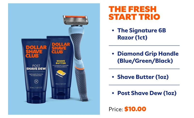 The Fresh Start Trio. The Signature 6B Razor (1ct). Diamond Grip Handle (Blue/Green/Black). Shave Butter (1oz). Prep Scrub (1oz).