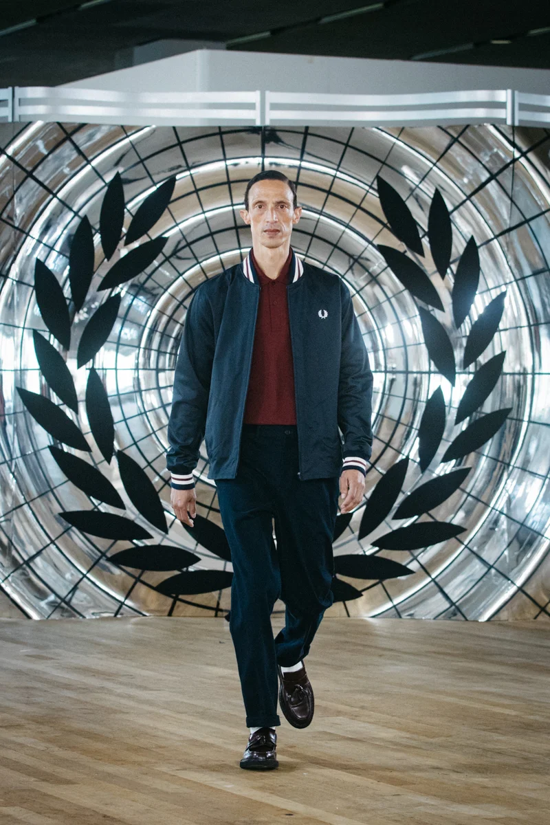 Model wearing a Fred Perry Twill Tennis Bomber Jacket