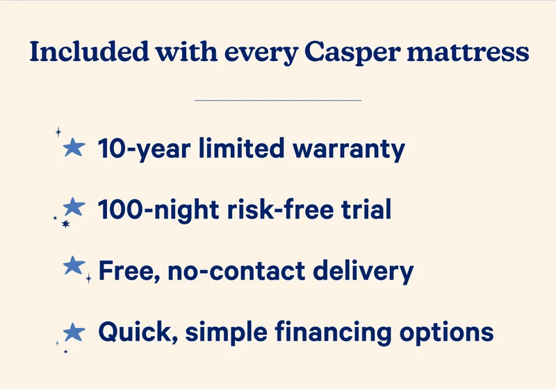 Included with every Casper mattress; 10-year limited warranty, 100-night risk-free trial, Free, no-contact delivery, Quick, simple financing options.