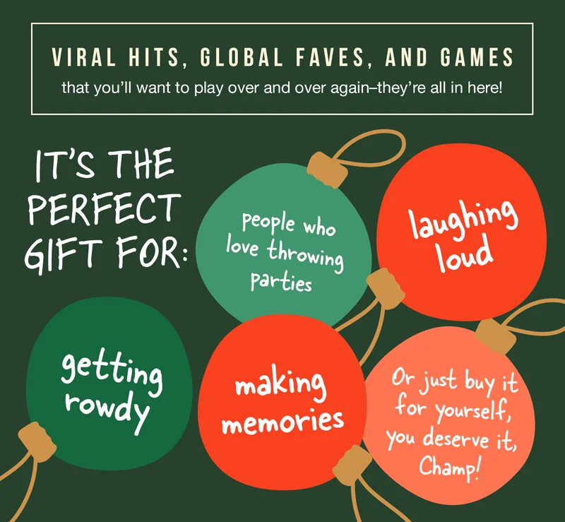 VIRAL HITS, GLOBAL FAVES, AND GAMES | that you'll want to play over and over again- they're all in here! | IT'S THE PERFECT GIFT FOR: people who love throwing parties | laughing loud | getting rowdy | making memories | or just buy it for yourself, you deserve it, Champ! |