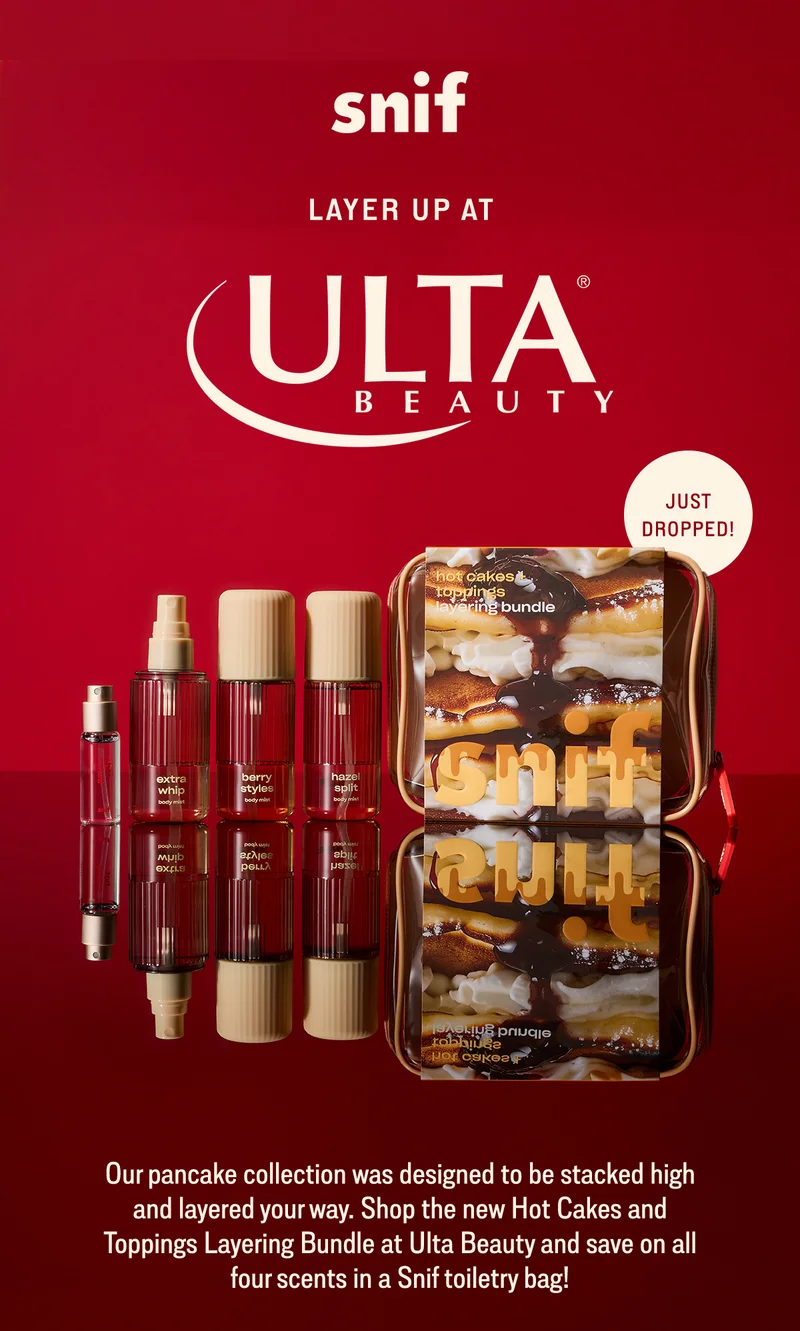 Our pancake collection was designed to be stacked high and layered your way. Shop the new Hot Cakes and Toppings Layering Bundle at Ulta Beauty and save on all four scents in a Snif toiletry bag!