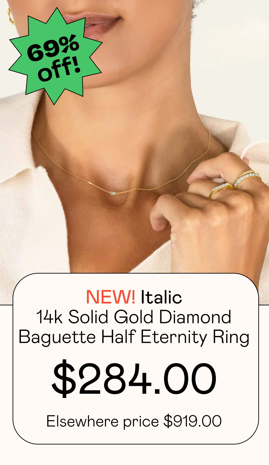 14k Solid Gold Diamond Baguette Half Eternity Ring