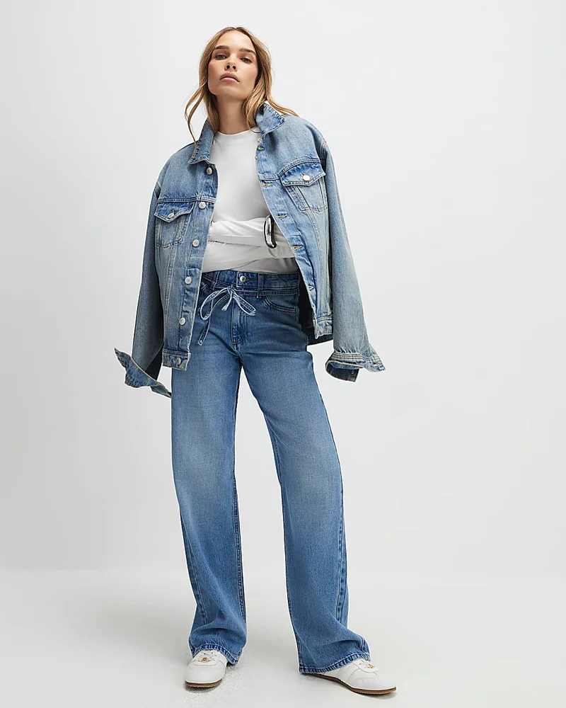 Womens Blue Tie Detail Wide Leg Jeans