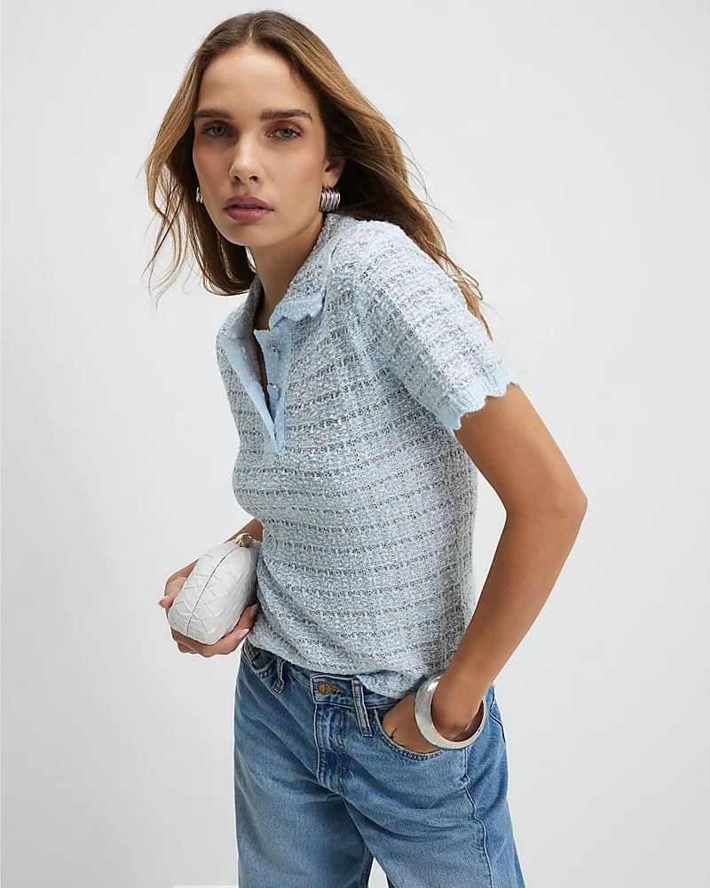 Womens Blue Button Up Boucle Collared Top