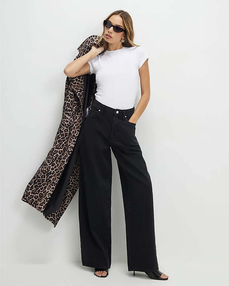 Womens Black High Waisted Baggy Wide Leg Jeans