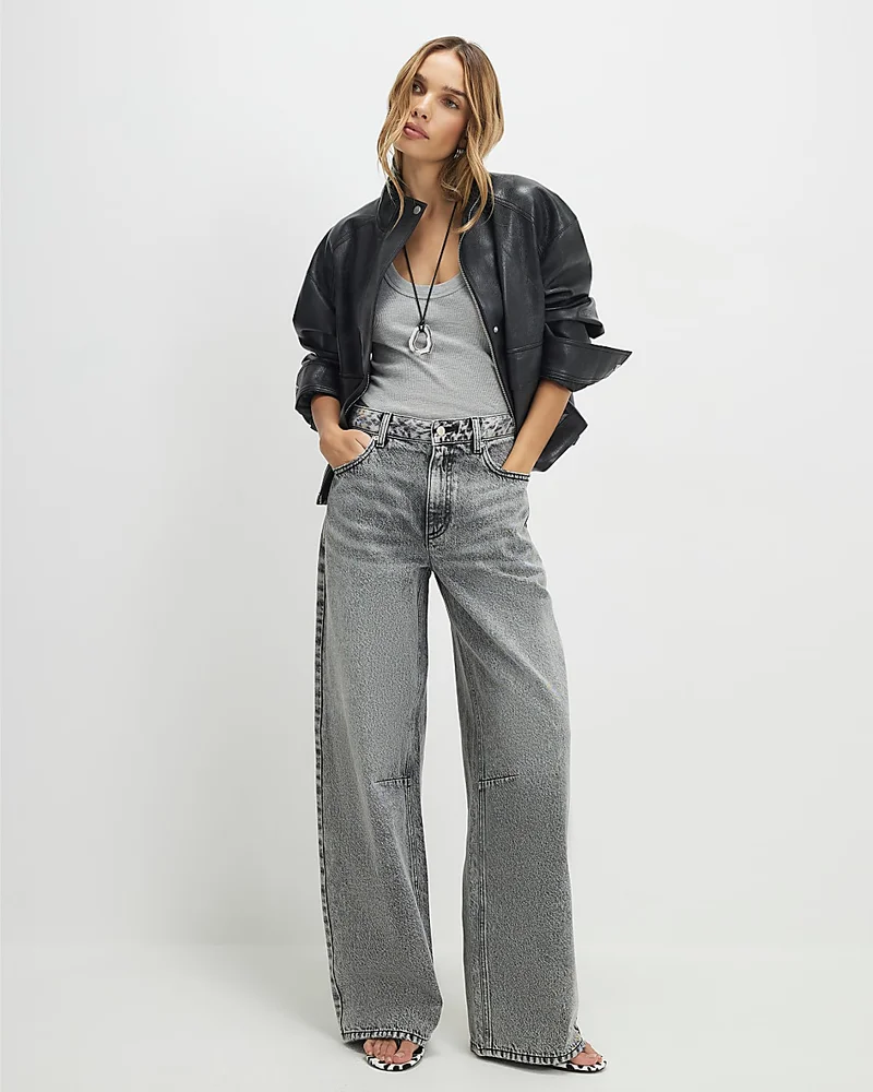 Womens Grey High Waisted Baggy Wide Leg Jeans
