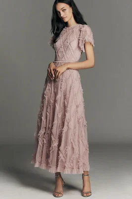 Mac Duggal Short-Sleeve Crosshatch Maxi Dress